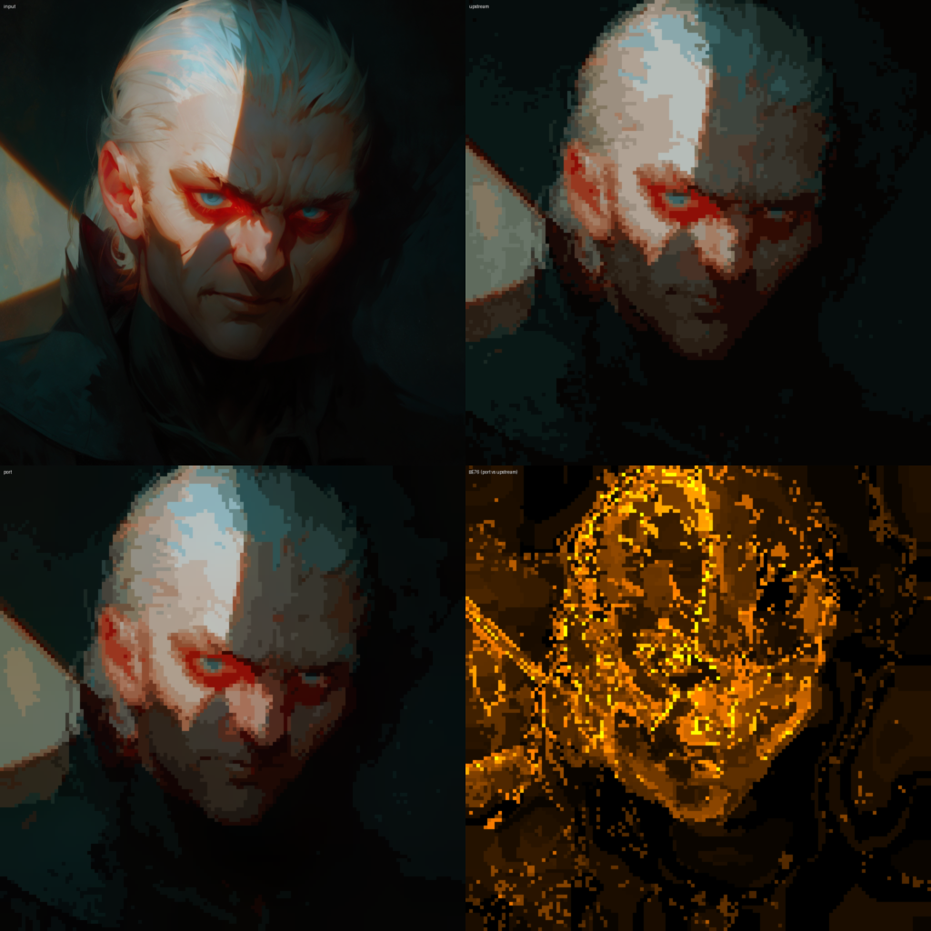 Same input with 32-colour quantization enabled. The bottom-right diff floods the whole face.