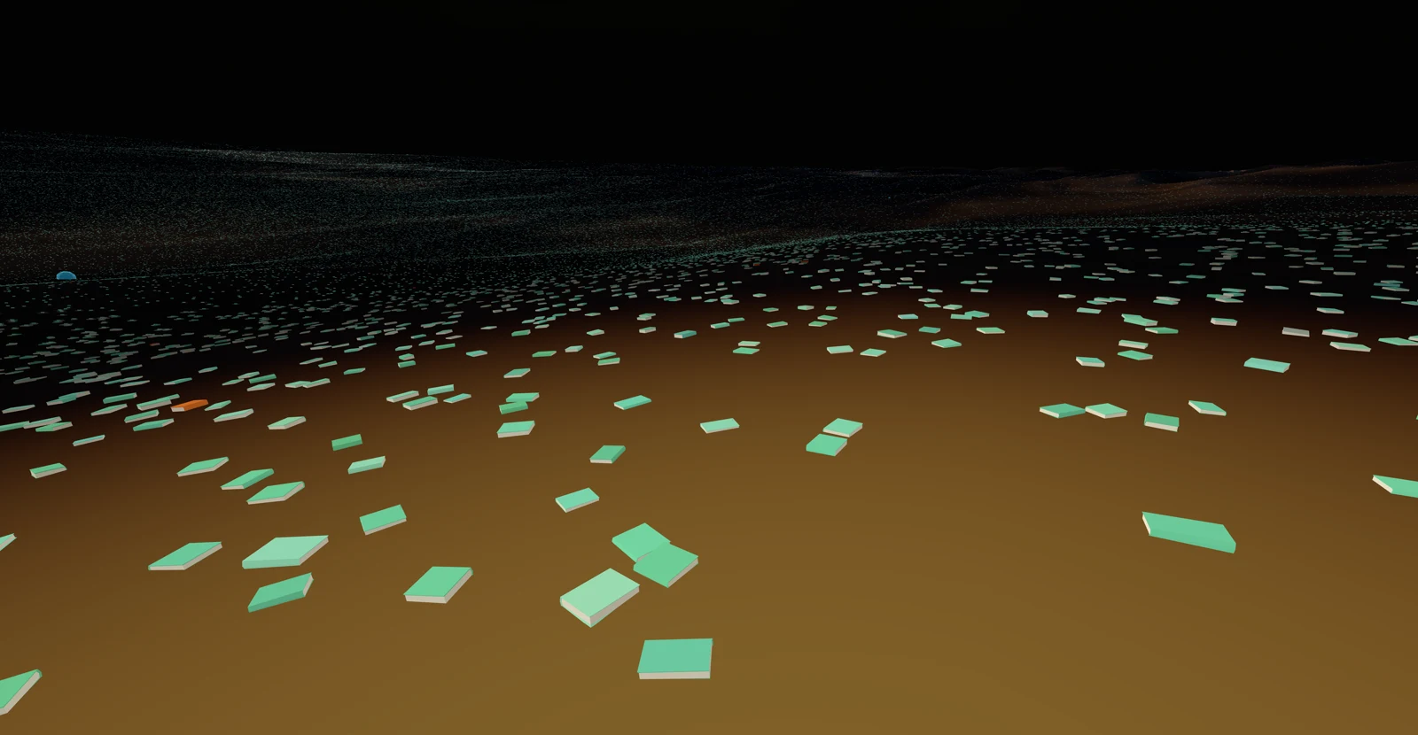 Looking outward across a dark desert: teal books scatter and thin toward the horizon, an orange landmark book at left, a blue teleporter dome in the distance.